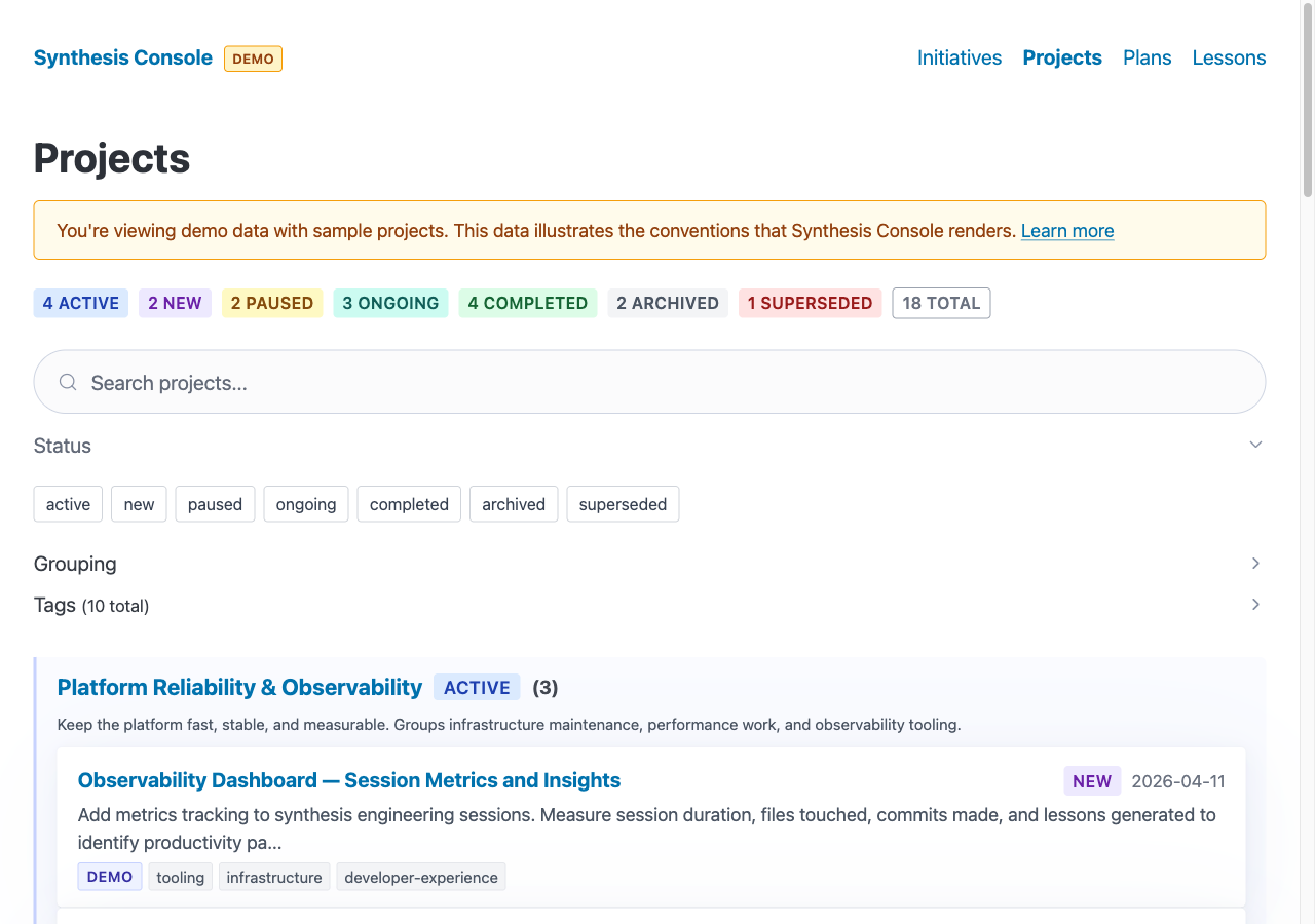 Synthesis Console demo project list, with project status totals, search, filters, and initiatives
